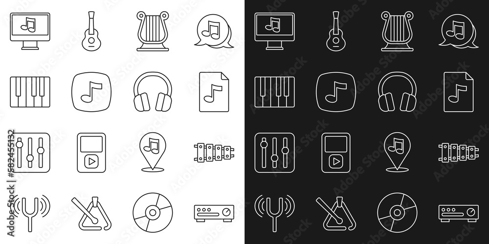 Set line Sound mixer controller, Xylophone, MP3 file document, Ancient Greek lyre, Music note, tone, synthesizer, Computer with music and Headphones icon. Vector