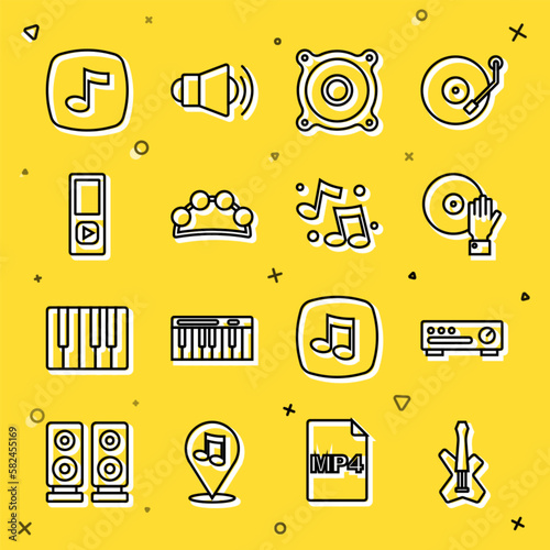 Set line Electric bass guitar, Sound mixer controller, DJ playing music, Stereo speaker, Tambourine, Music player, note, tone and icon. Vector