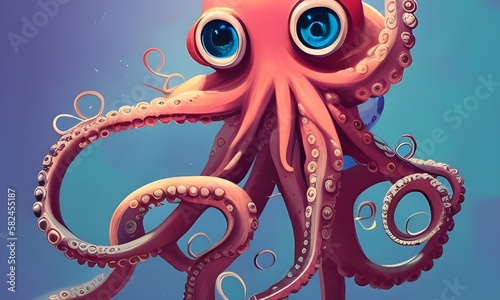  cute pink octopus with big blue eyes plain background. Created with Generative AI.