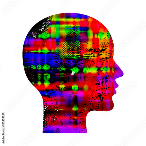 Woman profile. Silhouette of head with concentric psychedelic pattern.