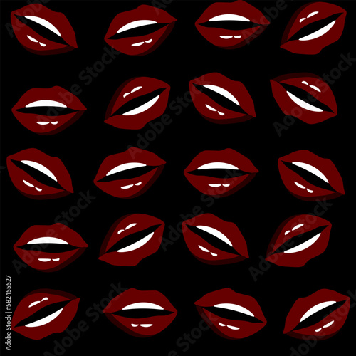 Seamless pattern with fashion woman lips on black background. Wallpaper and fabric print.