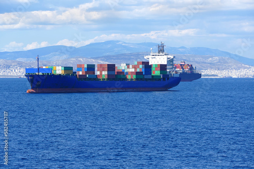 Logistics and transportation of International Container Cargo ship in the sea, Athens in Greece, Freight Transportation, Shipping