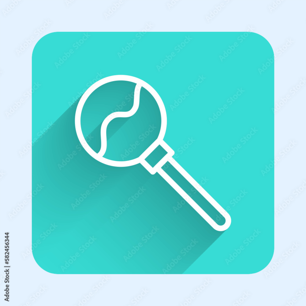 White line Lollipop icon isolated with long shadow. Food, delicious symbol. Happy Halloween party. Green square button. Vector White line Lollipop icon isolated with long shadow. Food, delicious symbol. Happy Halloween party. Green square button. Vector