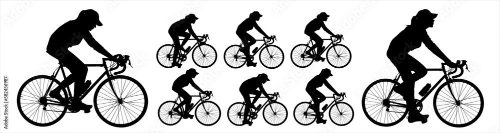 Obraz premium Big set of female cyclists silhouettes. Girl in a hat riding a bicycle. A woman in a cap rides a bicycle. A group of cyclists. Sport. Competitions. Cycling. Side view. Black color silhouette isolated