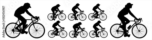 Big set of female cyclists silhouettes. Girl in a hat riding a bicycle. A woman in a cap rides a bicycle. A group of cyclists. Sport. Competitions. Cycling. Side view. Black color silhouette isolated