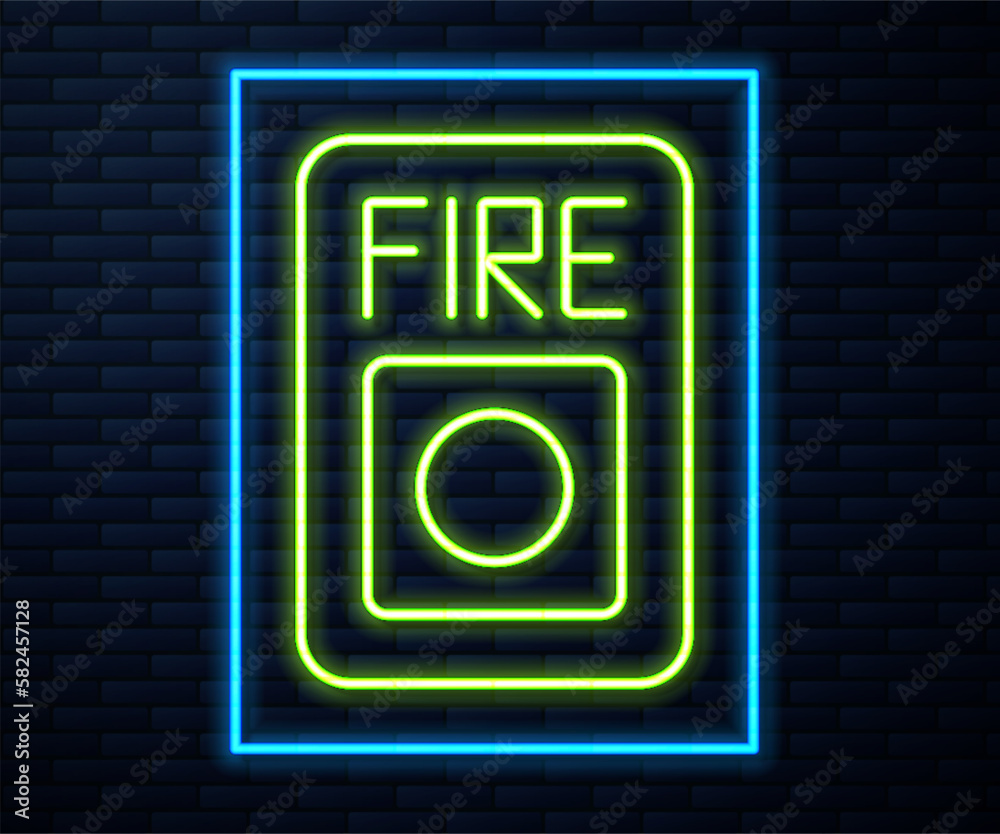 Glowing neon line Fire alarm system icon isolated on brick wall background. Pull danger fire safety box. Vector Glowing neon line Fire alarm system icon isolated on brick wall background. Pull danger fire safety box. Vector
