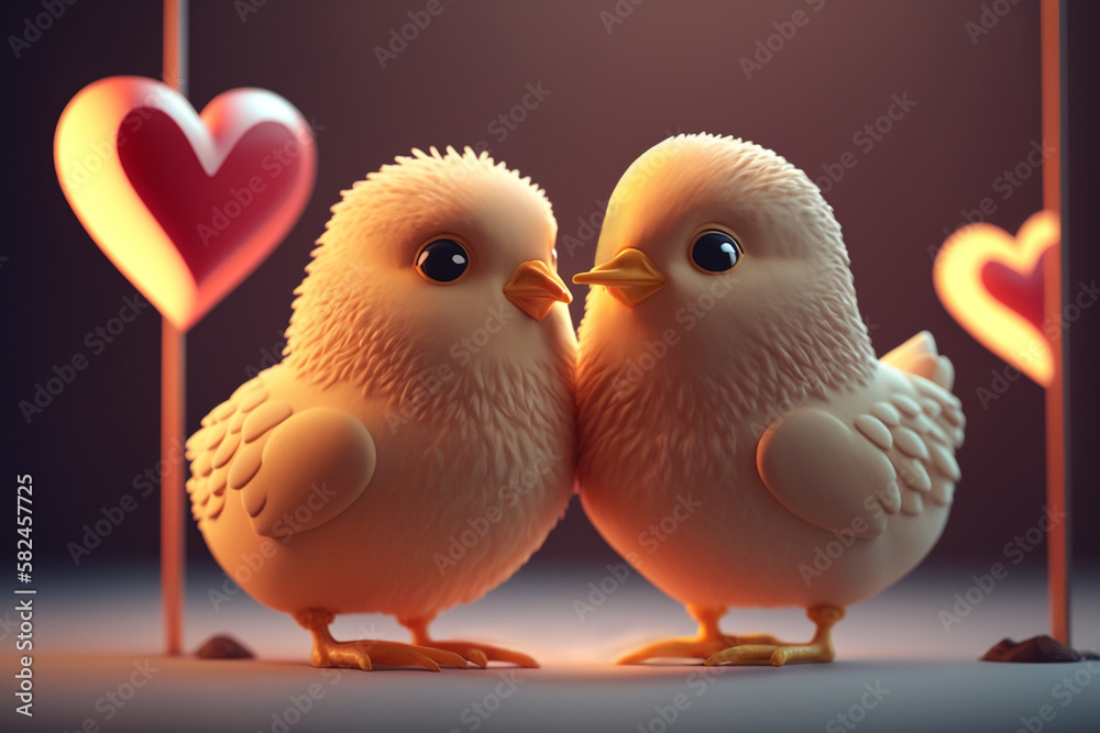 Love is in the Air: Two Cute Chicks Celebrating Valentine's Day with a Heart Background