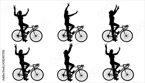 Big set of silhouettes of women cyclists. Girl on a bike. A woman rides a bike and shows a "victory" gesture with hands. Competition winner. First place. Competitions. Side view. Isolated silhouette
