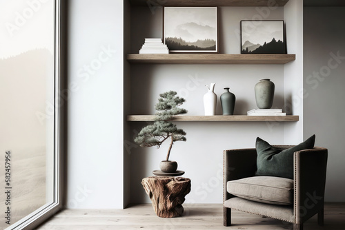 Modern minimalistic japandi living room interior in beige and olive tones. Trendy wooden shelves in a niche in the wall. armchair, coffee table. Photorealistic illustration generated by AI. photo