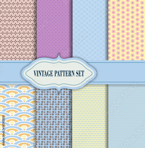 10 different vector seamless patterns tiling . Blue, cyan and white color. Endless texture can be used for printing on fabric and paper. Shape of lines, square, flower and dot