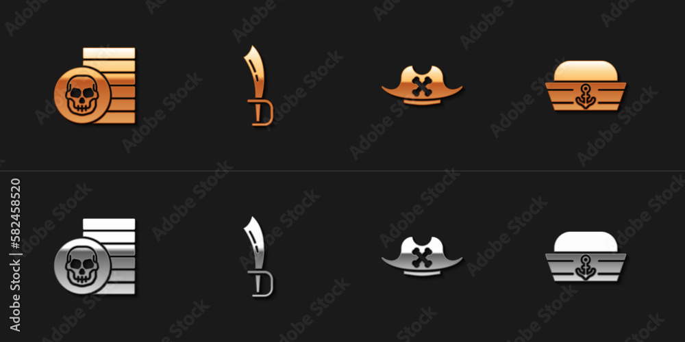 Set Pirate coin, sword, hat and Sailor icon. Vector Set Pirate coin, sword, hat and Sailor icon. Vector
