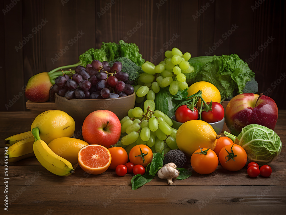 various fruits and vegetables together in a composition, generative ai