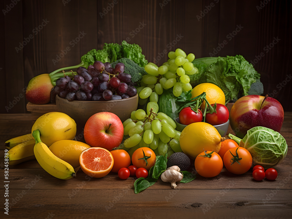 various fruits and vegetables together in a composition, generative ai various fruits and vegetables together in a composition, generative ai