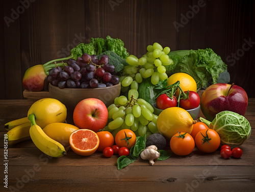 various fruits and vegetables together in a composition  generative ai