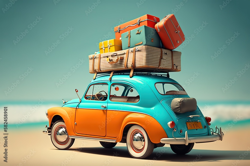 Small retro car with baggage, luggage and beach equipment on the roof ...