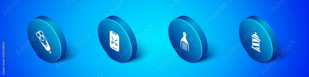 Set Isometric Electric razor blade, Barrette, Barber shop pole and online service platform icon. Vector