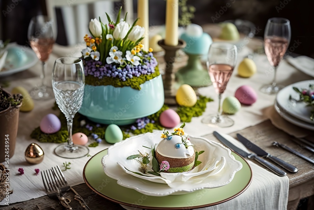 Easter Dining stock photo Easter, Dinner, Lunch, Table, Brunch, Generative Ai