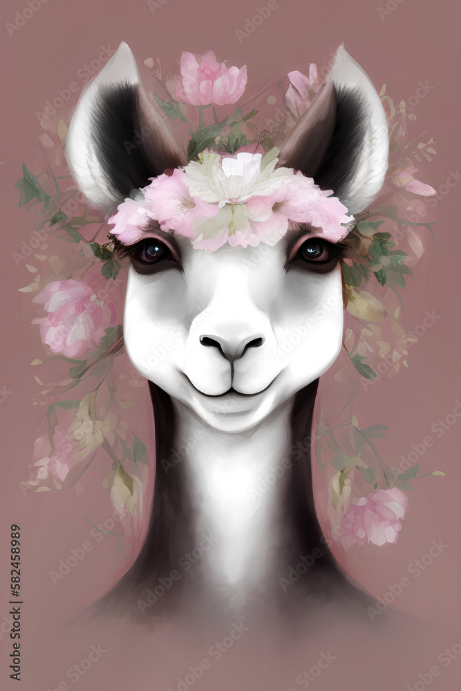 Front view closeup portrait of a lovely lama with flowers on a plain background, illustration. Postcard. generative AI