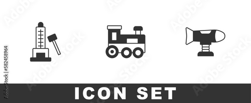Set Striker attraction with hammer, Toy train and Swing plane icon. Vector