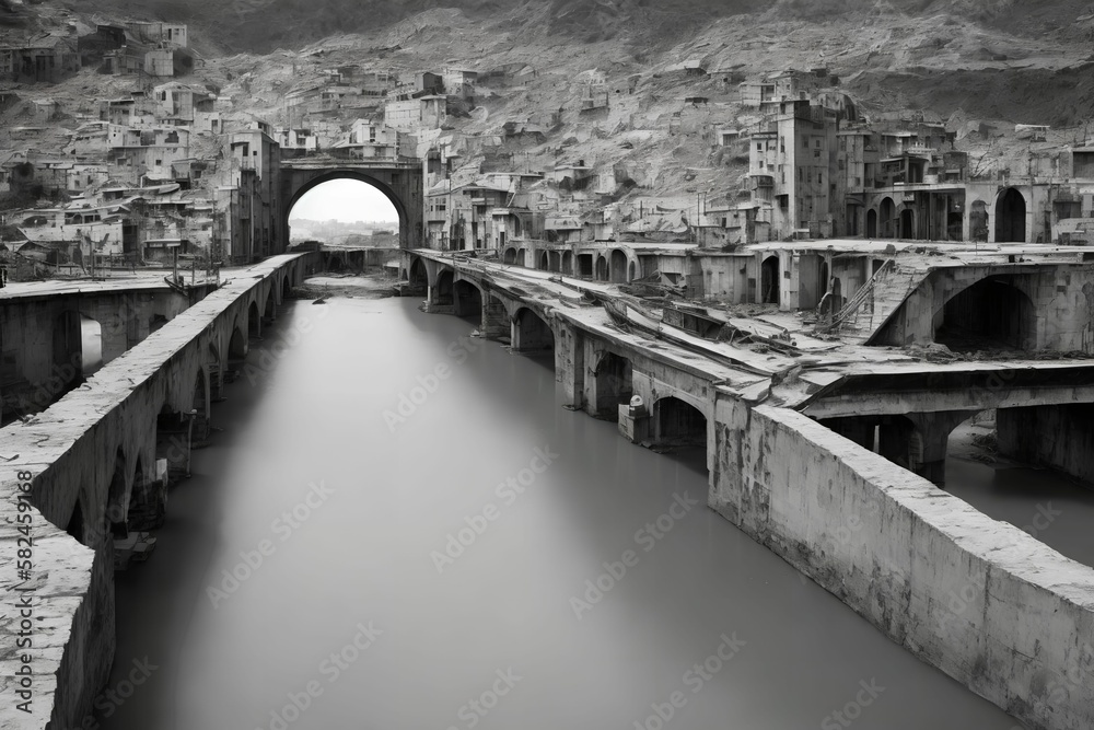 abandon broken bridge during world war, generative art by A.I
