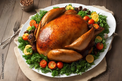 photo of chicken turkey on plate with other foods, generative art by A.I