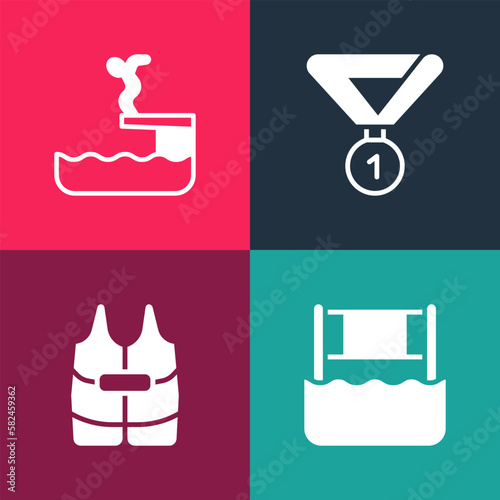 Set pop art Water volleyball net, Life jacket, Medal and Swimmer diving into pool icon. Vector