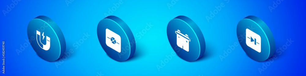 Set Isometric Magnet, Car battery, Diode in electronic circuit and Lamp icon. Vector Set Isometric Magnet, Car battery, Diode in electronic circuit and Lamp icon. Vector
