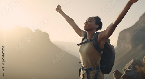 Afro-descendant woman on top of a mountain, with her arms outstretched in triumph