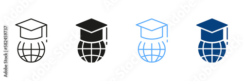 Education in Global World Silhouette and Line Icon Set. Graduation Cap and Online Education Color Sign Collection. Graduation Hat on Top of Globe. Student Cap Pictograms. Isolated Vector Illustration