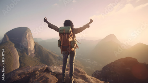 Afro-descendant woman on top of a mountain, with her arms outstretched in triumph