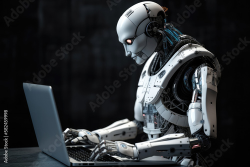 Robot typing at laptop, generative ai © Johannes