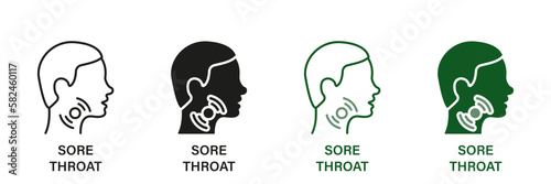 Painful Sore Throat Symbol Collection. Sore Throat Line and Silhouette Icon Set. Male Head with Symptoms of Angina, Flu, Cold Pictogram. Isolated Vector illustration