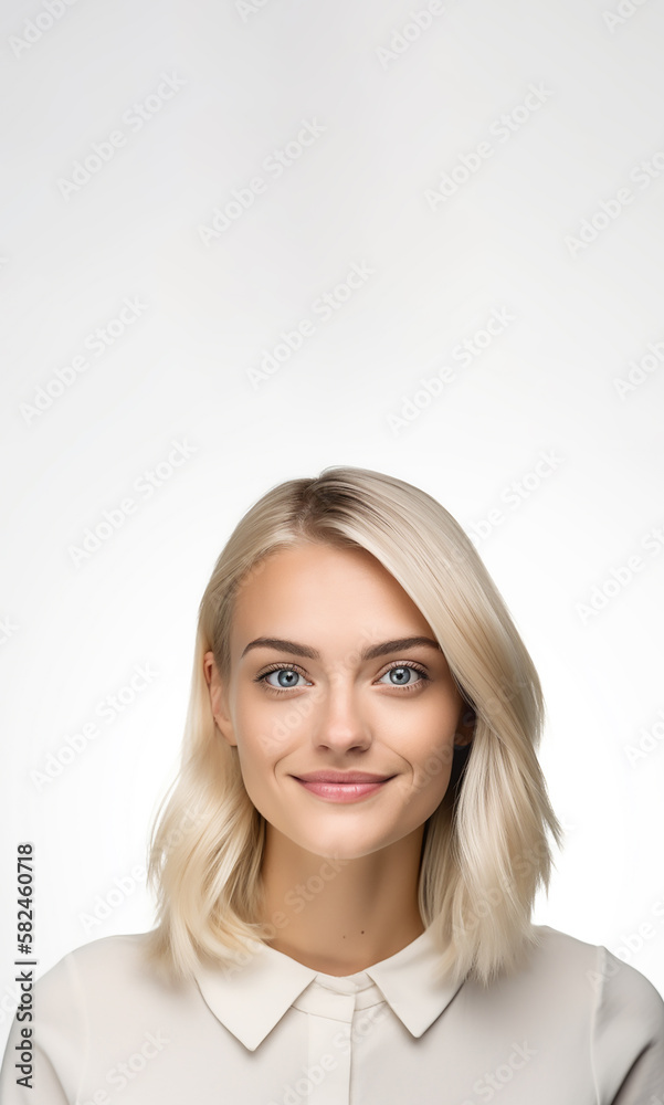 Attractive woman with short fair hair being very glad smiling with broad smile showing her perfect teeth having fun indoors, copy space,  Created using generative AI tools.