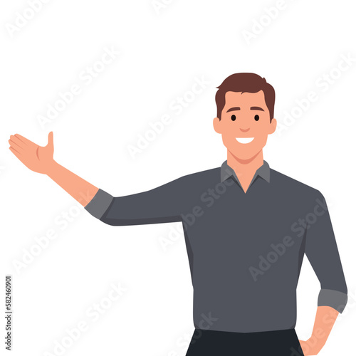 Happy man points to something. Character for advertisement. Guy shows a direction with a hand. Flat vector illustration isolated on white background