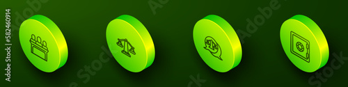 Set Isometric line Jurors, Scales of justice, and Safe icon. Vector