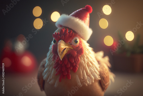 A chicken wearing a Christmas hat for the holiday season