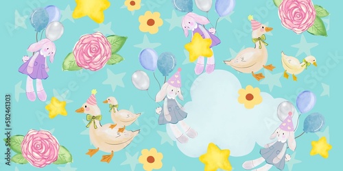Happy Easter watercolor cards border banner cute rabbit, eggs, duck spring flowers botanical kawaii style © HoyaBouquet