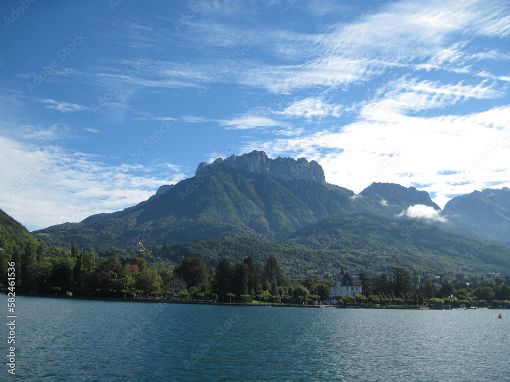 Scenic morning view of lake and mountains in Annecy, Haute Savoie, France.
