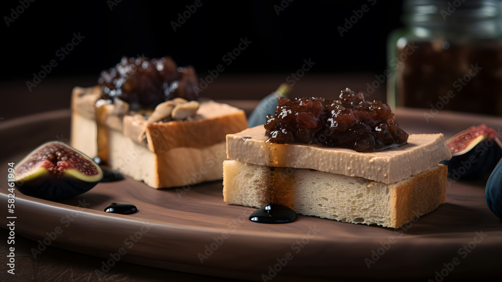 Abstract art. Colorful painting art of an exquisite plate of food. Foie gras terrine on brioche toast and fig jam. Generative AI. - obrazy, fototapety, plakaty 
