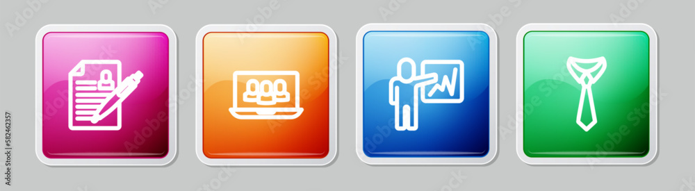 Set line Resume, Project team base, Leader of of executives and Tie. Colorful square button. Vector Set line Resume, Project team base, Leader of of executives and Tie. Colorful square button. Vector