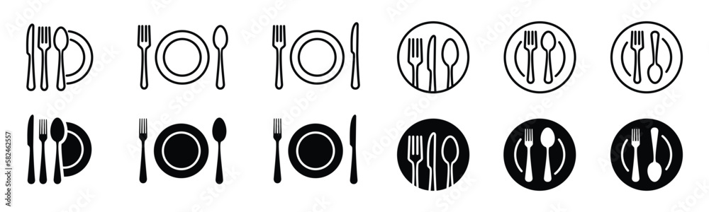 Fork, spoon, knife, and plate icon. Cutlery icon set in line and flat style. Dinnerware icon symbol in the circle. Restaurant sign and symbol. Vector illustration Fork, spoon, knife, and plate icon. Cutlery icon set in line and flat style. Dinnerware icon symbol in the circle. Restaurant sign and symbol. Vector illustration
