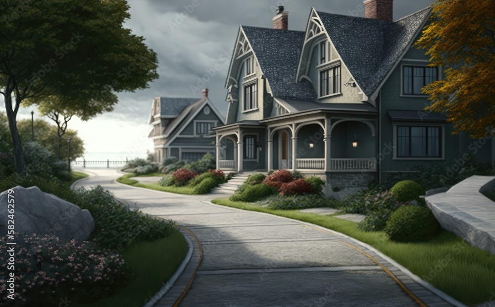 Street of suburban homes, Road and beautiful houses,
