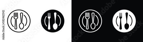 Fork, spoon, and plate icon. Cutlery icon set in line and flat style. Dinnerware icon symbol. Restaurant sign and symbol. Vector illustration