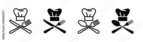 Chef hat, fork, spoon, and knife icon. Restaurant sign and symbol. A chef's hat with cutlery icon in line and flat style. Cutlery icon set. Dinnerware icon symbol. Vector illustration