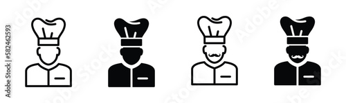 Chef icon chef jacket. Chef hat icon set. Moustache chef sign and symbol in line and flat style. Vector illustration