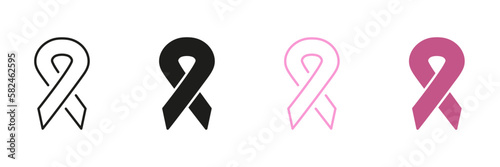Support People with Breast Cancer. Awareness Day Black and Pink Symbol Collection. Cancer Ribbon Loop Line and Silhouette Icon Set. Hope, Tolerance Campaign Pictogram. Isolated Vector Illustration