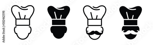Chef icon. Chef hat icon set. Moustache chef sign and symbol in line and flat style. Vector illustration