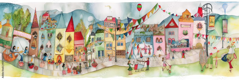 Obraz premium A watercolor style town with colorful houses. Wide format. Generative AI.