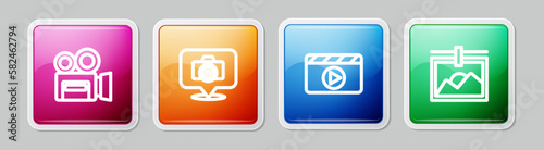 Set line Retro cinema camera, Photo, Movie clapper and frame. Colorful square button. Vector