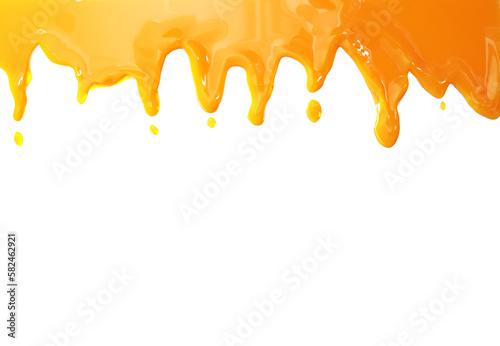 Orange juice Liquid splash melt pouring drip on top isolate on white background. 3D Rendering. Png files.